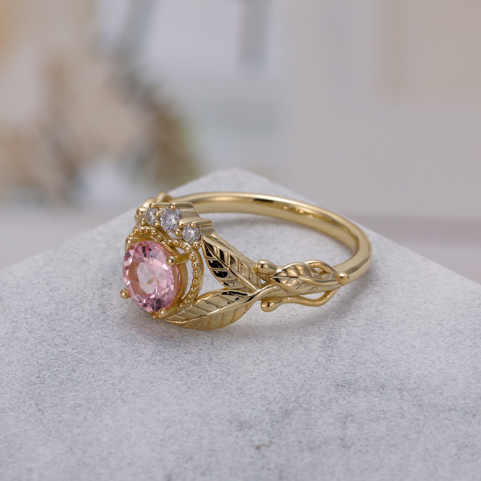 Bella Pink Sapphire Ring Round Cut Sterling Silver/Gold Plated Leaf Nature Inspired Ring