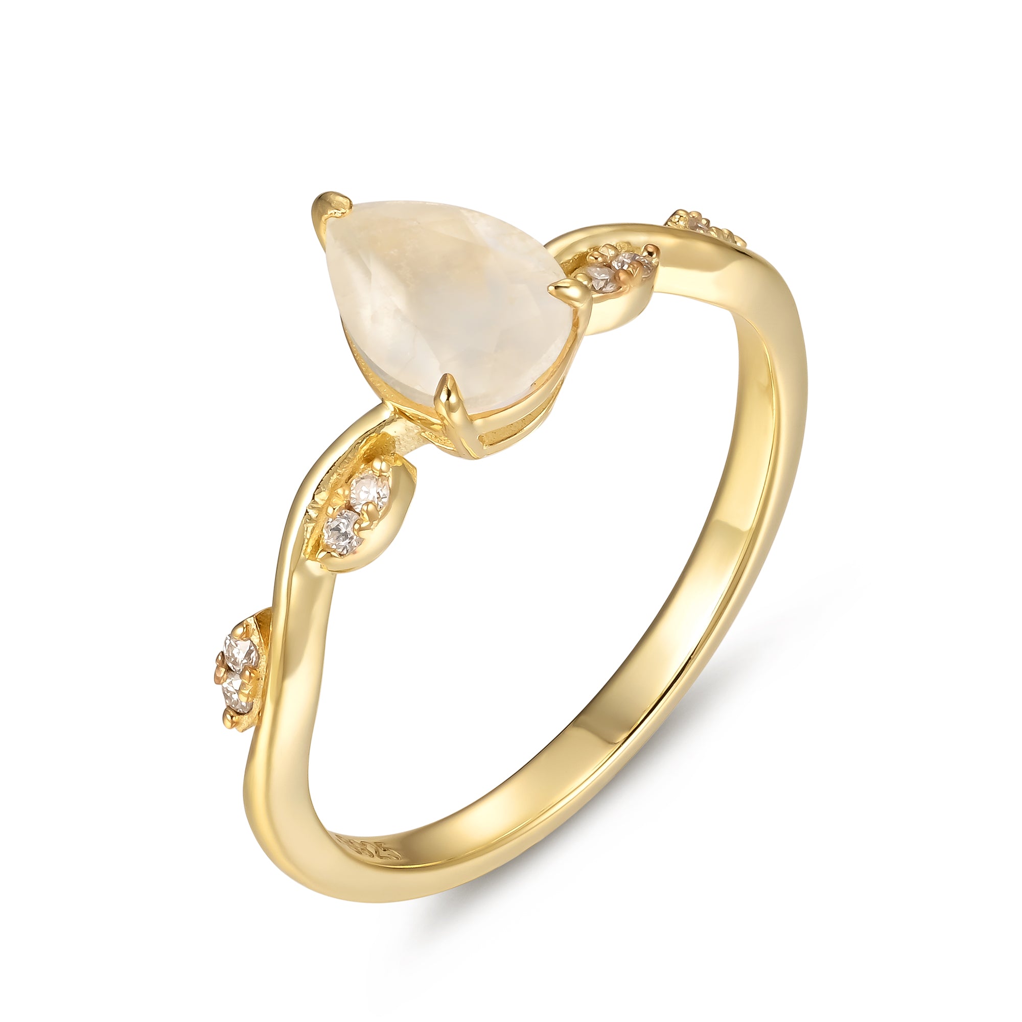 Evelyn Moonstone Ring Pear Cut Sterling Silver Gold Plated Leaf Gemstone Ring