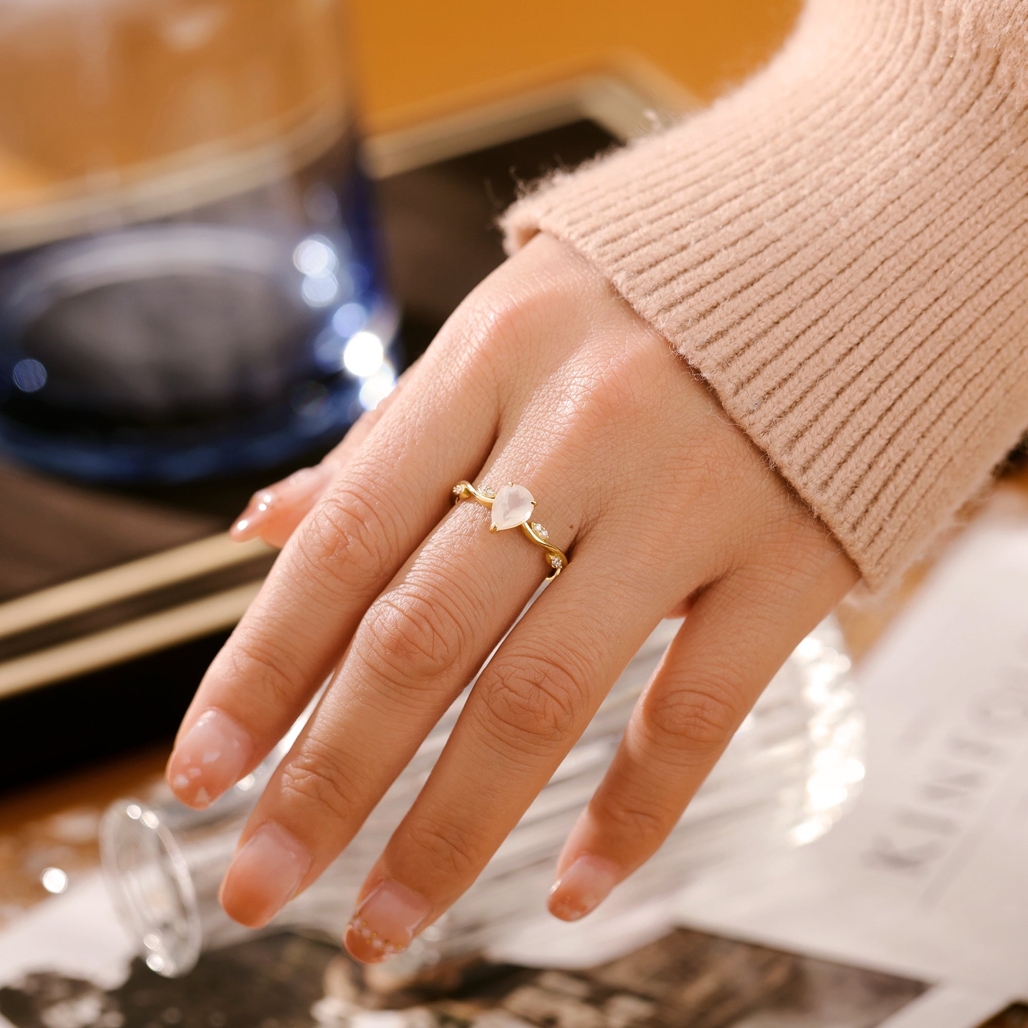 Evelyn Moonstone Ring Pear Cut Sterling Silver Gold Plated Leaf Gemstone Ring