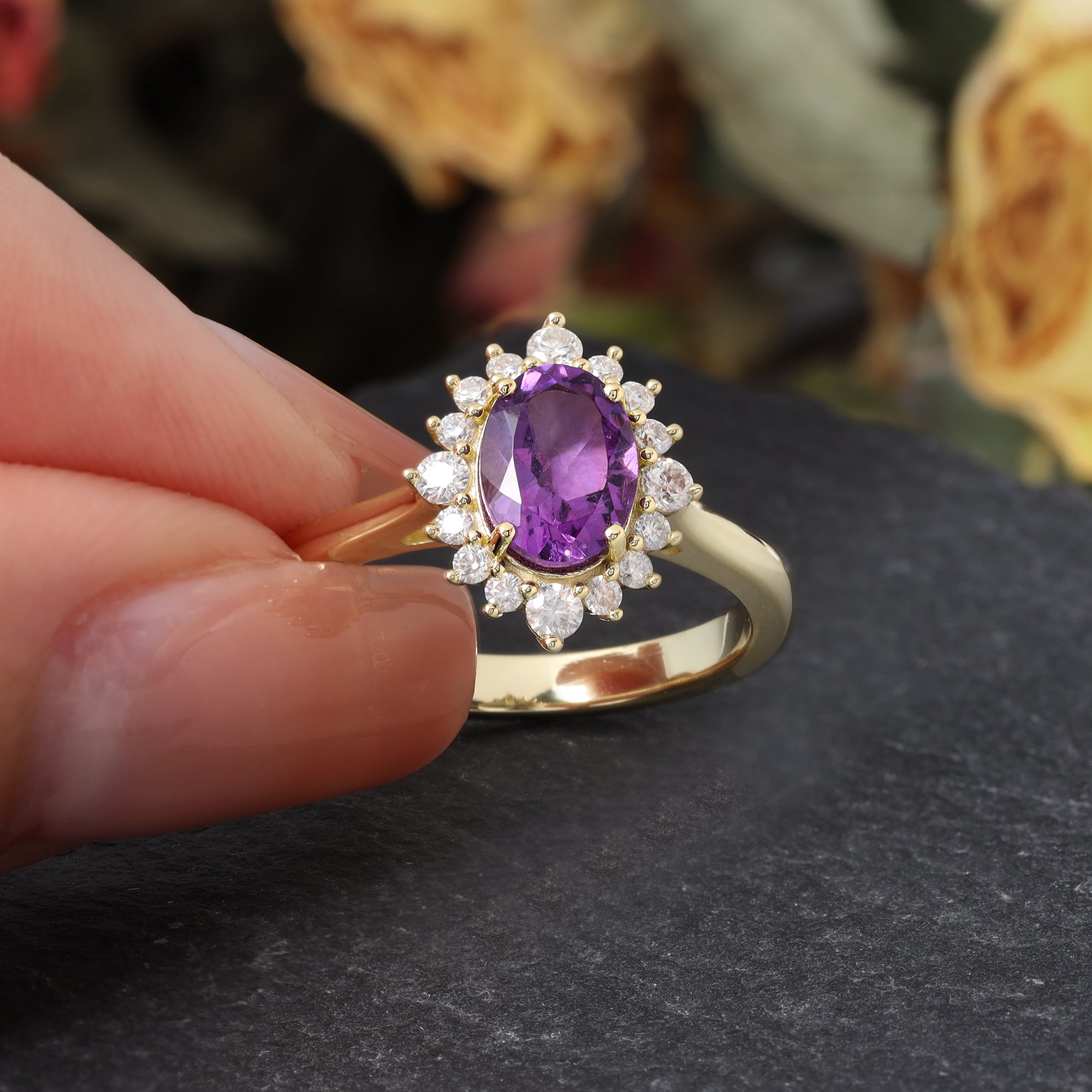 Isa Amethyst Ring Oval Cut 925 Sterling Silver Gold Plated Nature Inspired Gemstone Ring