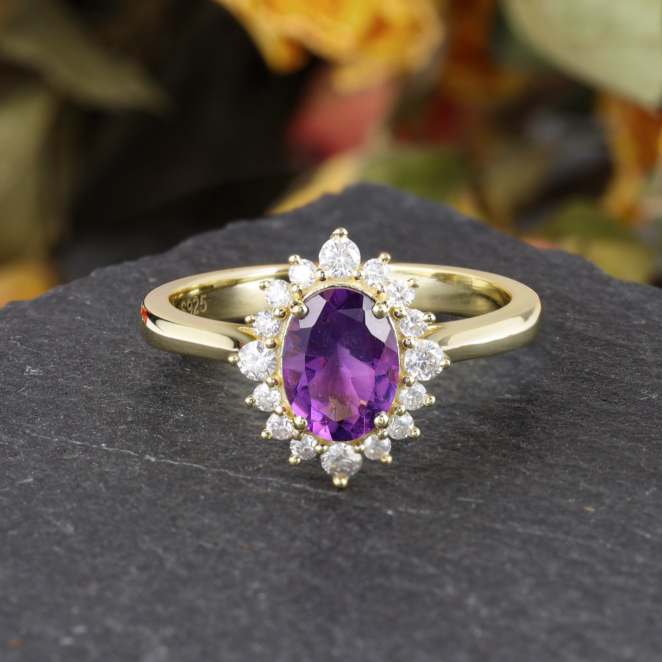 Isa Amethyst Ring Oval Cut 925 Sterling Silver Gold Plated Nature Inspired Gemstone Ring