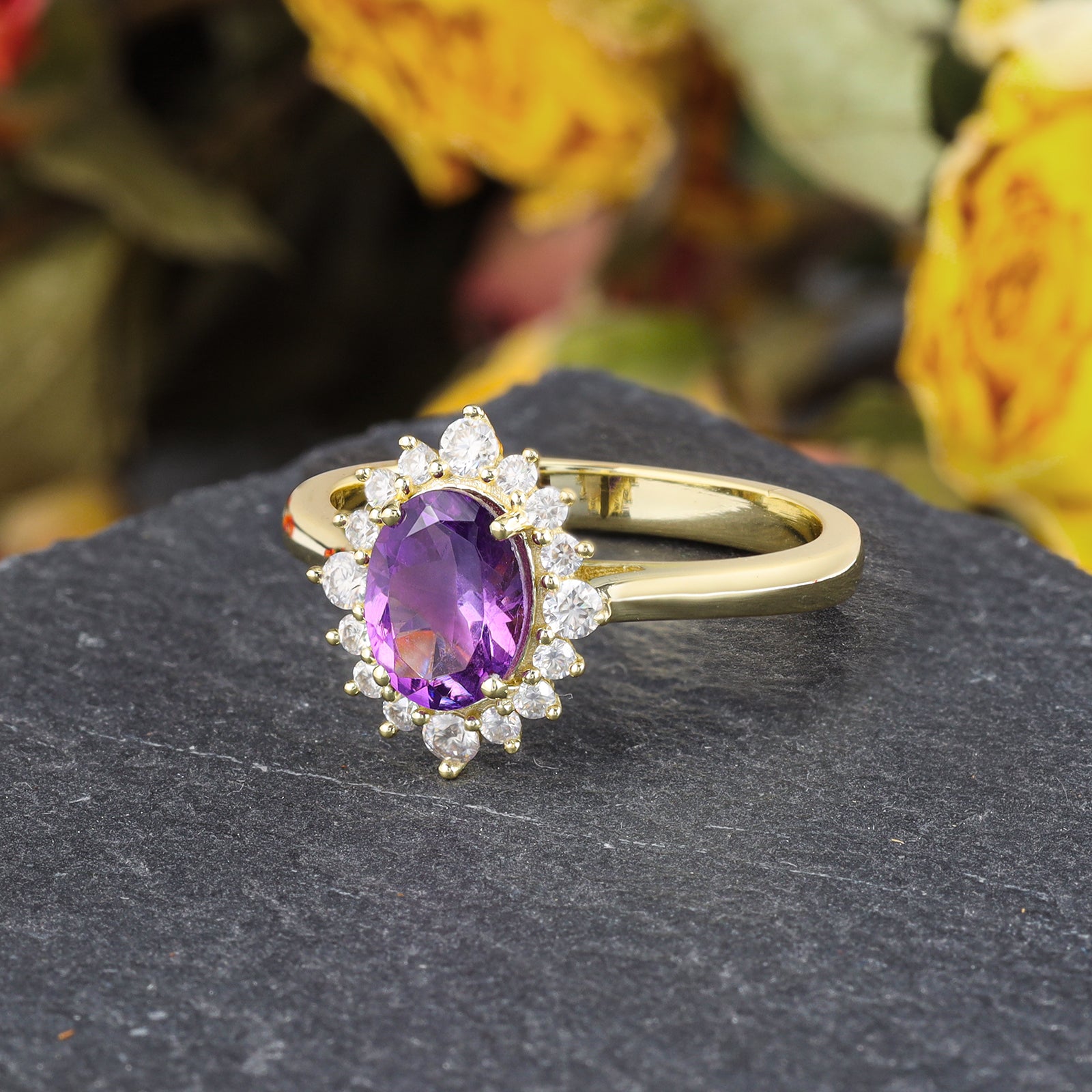 Isa Amethyst Ring Oval Cut 925 Sterling Silver Gold Plated Nature Inspired Gemstone Ring