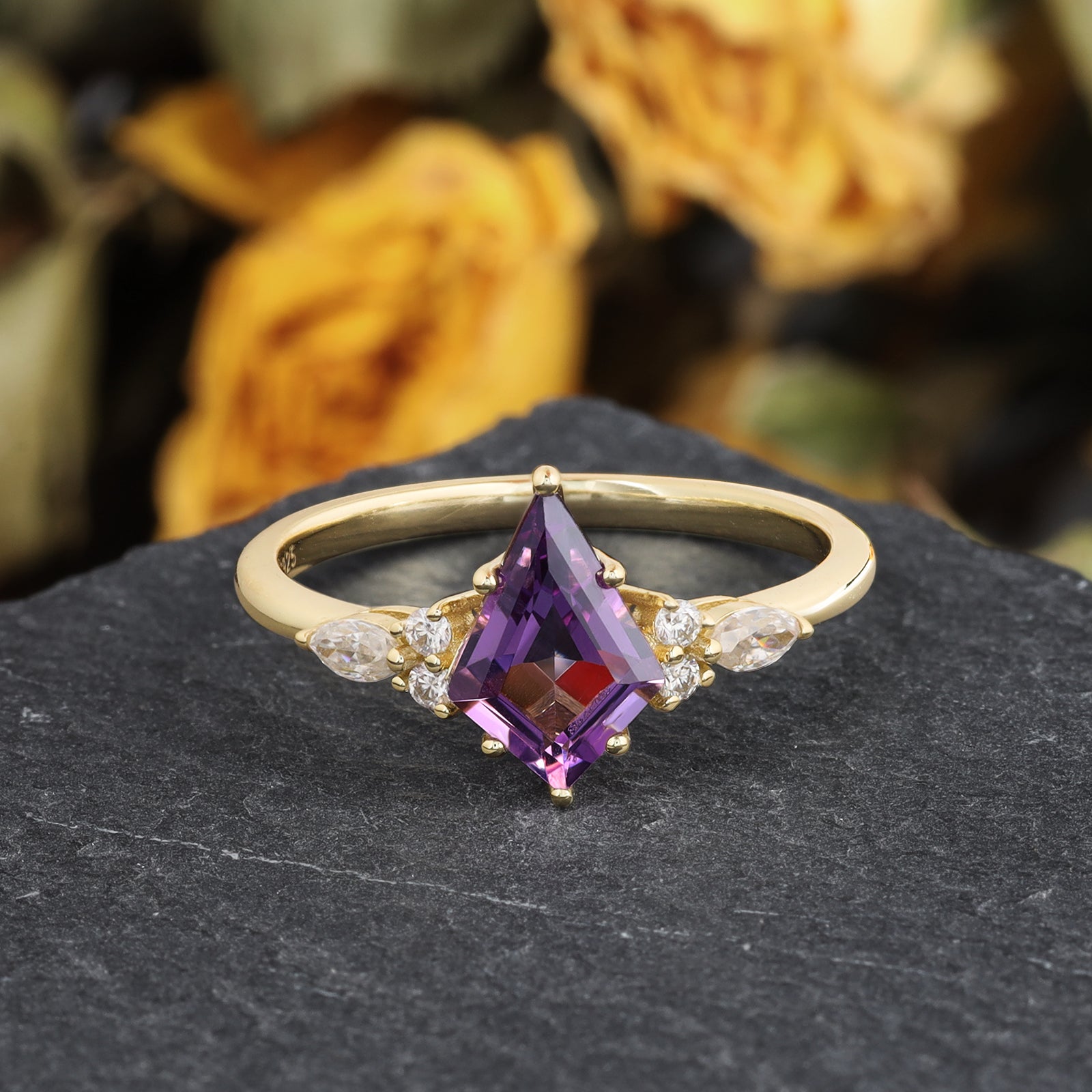 Diana Amethyst Ring Kite Cut 925 Sterling Silver Gold Plated Gemstone Ring