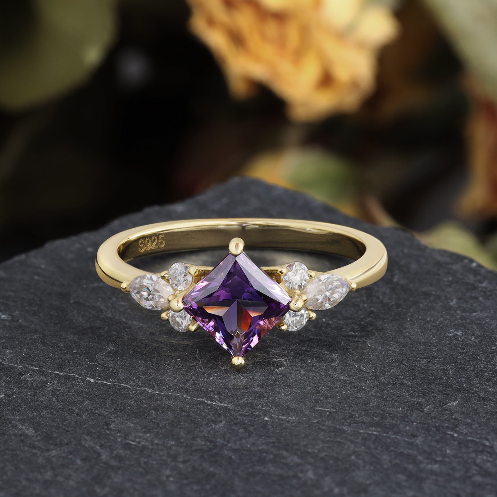 Natalia Amethyst Ring Princess Cut 925 Sterling Silver Gold Plated Gemstone Ring