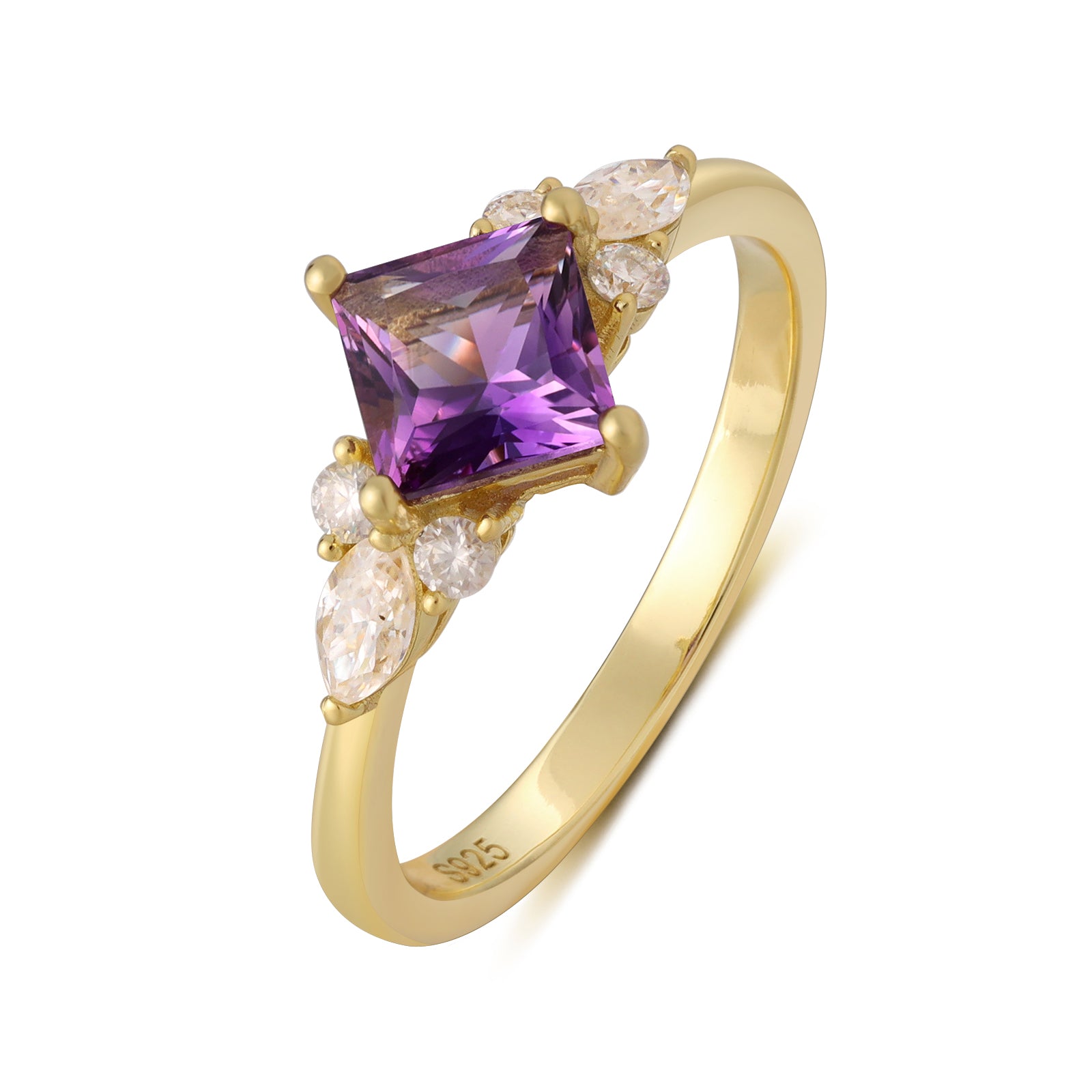 Natalia Amethyst Ring Princess Cut 925 Sterling Silver Gold Plated Gemstone Ring