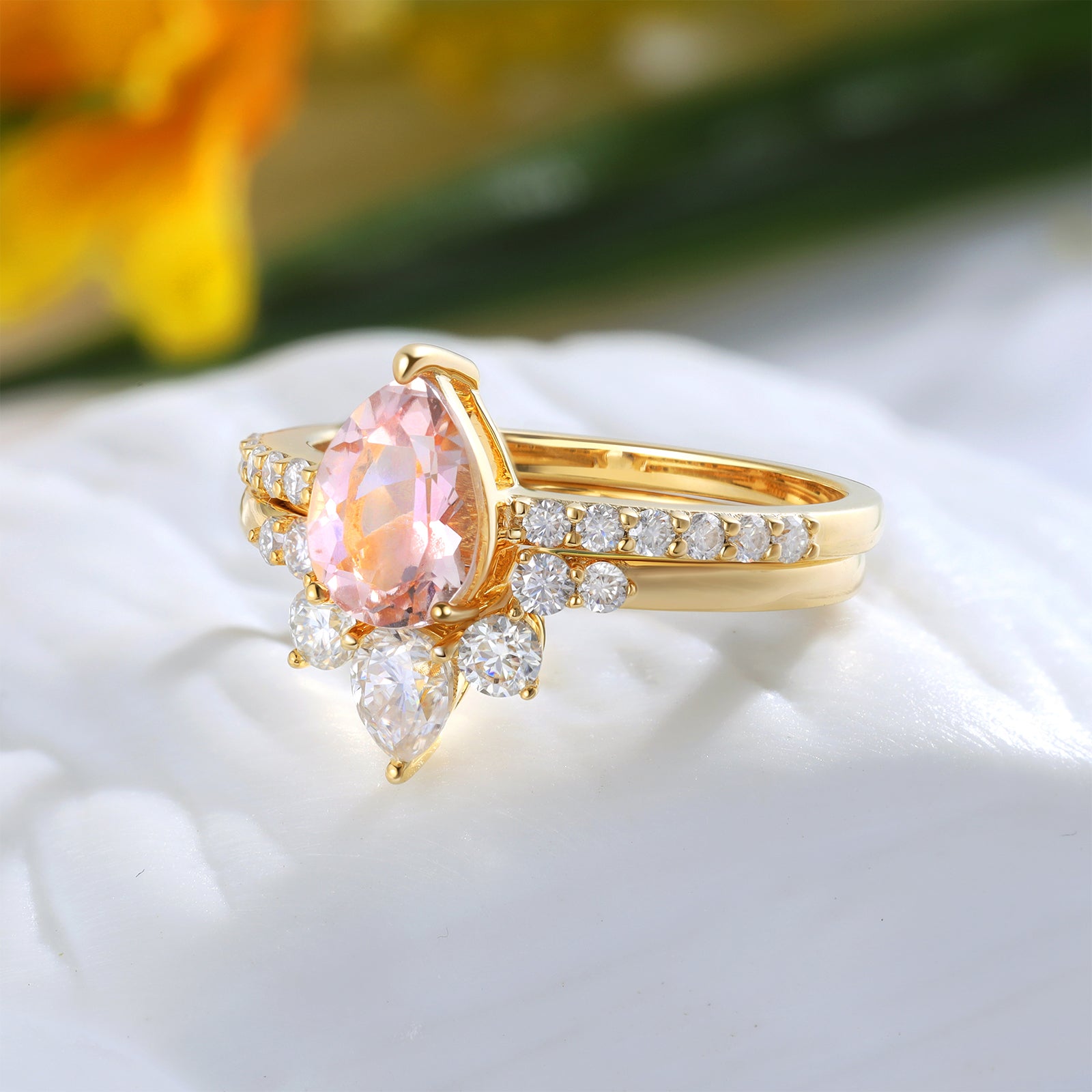 Emma Morganite Engagement Ring Set Pear Cut 14K 18K Gold Vintage Gemstone Bridal Ring Morganite Ring