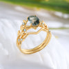 Florence Moss Agate Engagement Ring Set Oval Cut 18K Gold Nature Inspired Ring Leaf Vine Ring Vintage Gemstone Bridal Ring