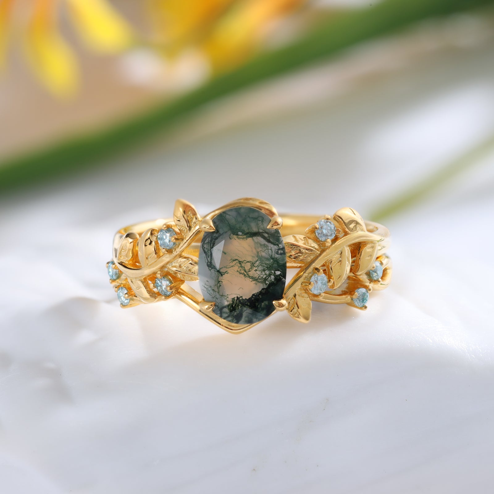 Florence Moss Agate Engagement Ring Set Oval Cut 18K Gold Nature Inspired Ring Leaf Vine Ring Vintage Gemstone Bridal Ring