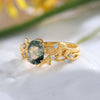 Florence Moss Agate Engagement Ring Set Oval Cut 18K Gold Nature Inspired Ring Leaf Vine Ring Vintage Gemstone Bridal Ring