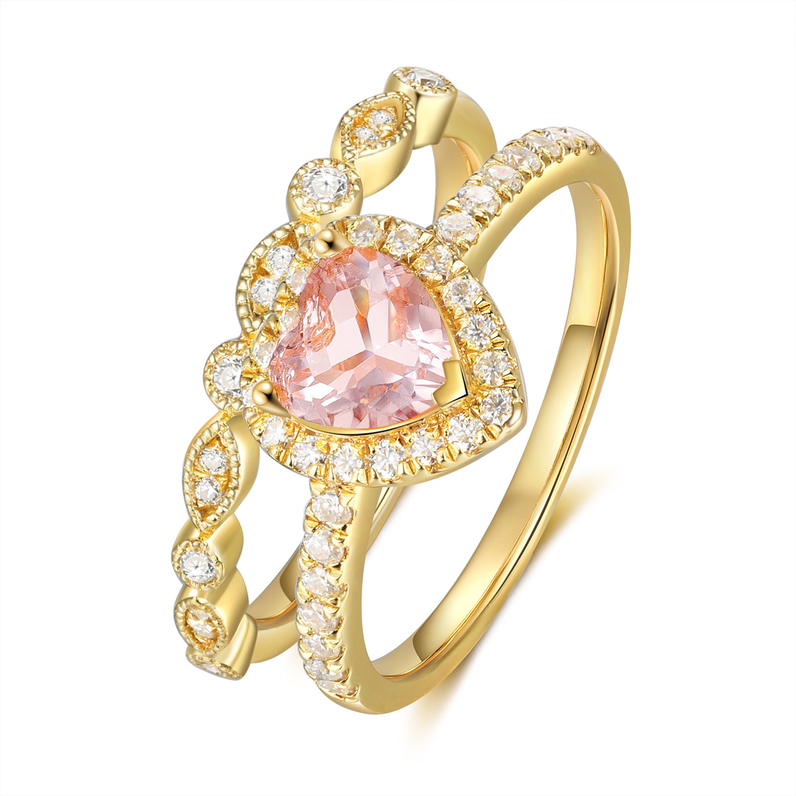 Amora Morganite Engagement Ring Set Heart Cut 14K 18K Gold Vintage Gemstone Bridal Ring Morganite Ring