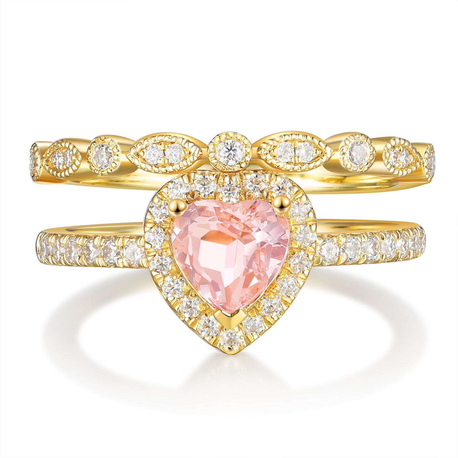 Amora Morganite Engagement Ring Set Heart Cut 14K 18K Gold Vintage Gemstone Bridal Ring Morganite Ring