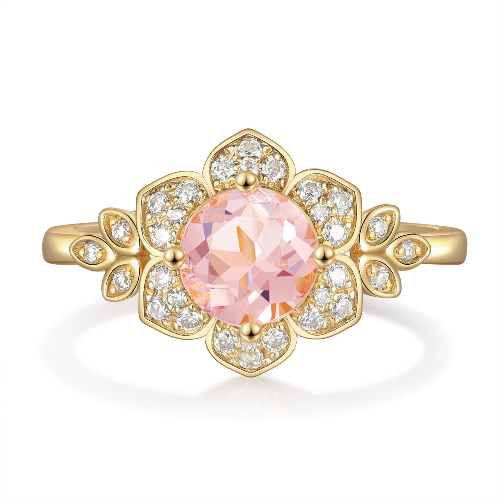 Flora Morganite Engagement Ring Round Cut 14K 18K Gold Nature Inspired Leaf Flower Ring Vintage Gemstone Ring Morganite Ring