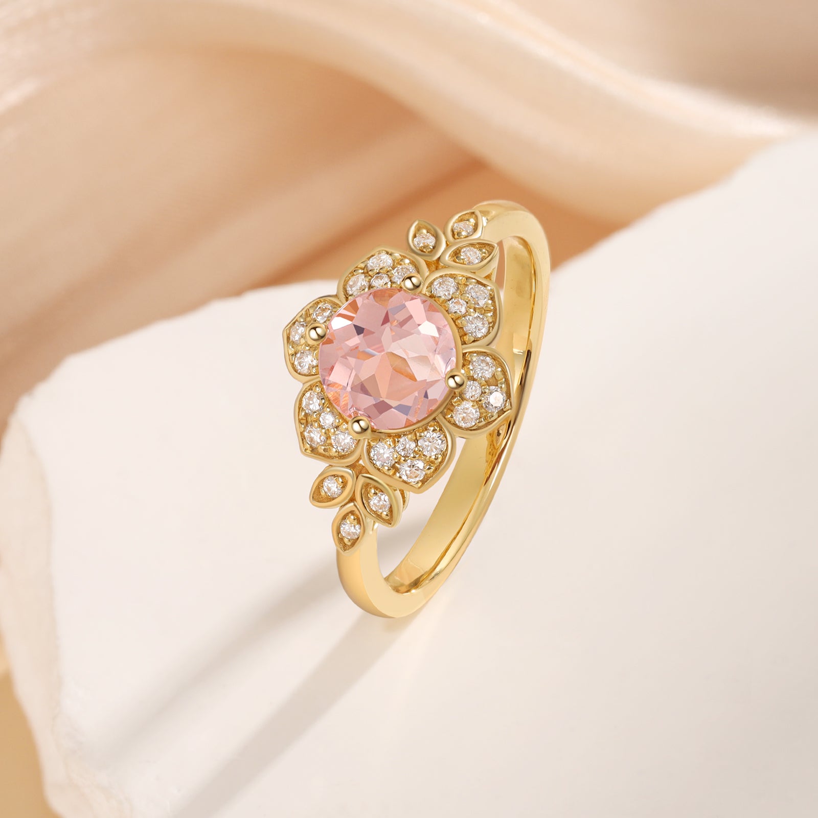 Flora Morganite Engagement Ring Round Cut 14K 18K Gold Nature Inspired Leaf Flower Ring Vintage Gemstone Ring Morganite Ring