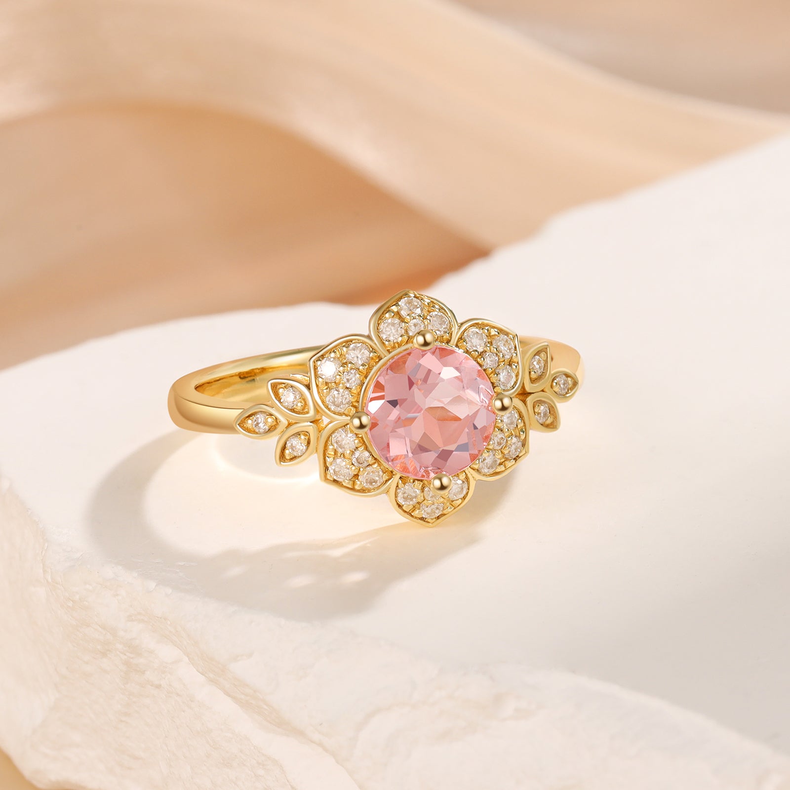 Flora Morganite Engagement Ring Round Cut 14K 18K Gold Nature Inspired Leaf Flower Ring Vintage Gemstone Ring Morganite Ring