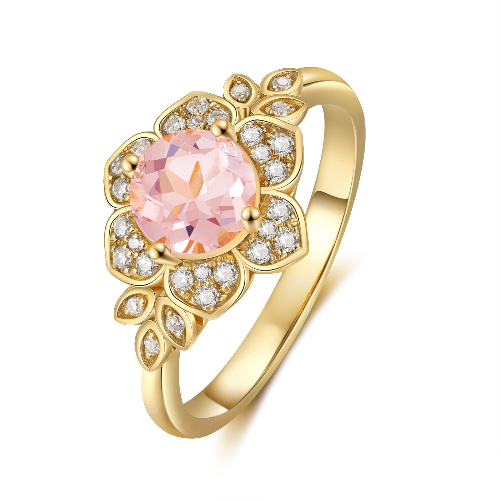 Flora Morganite Engagement Ring Round Cut 14K 18K Gold Nature Inspired Leaf Flower Ring Vintage Gemstone Ring Morganite Ring