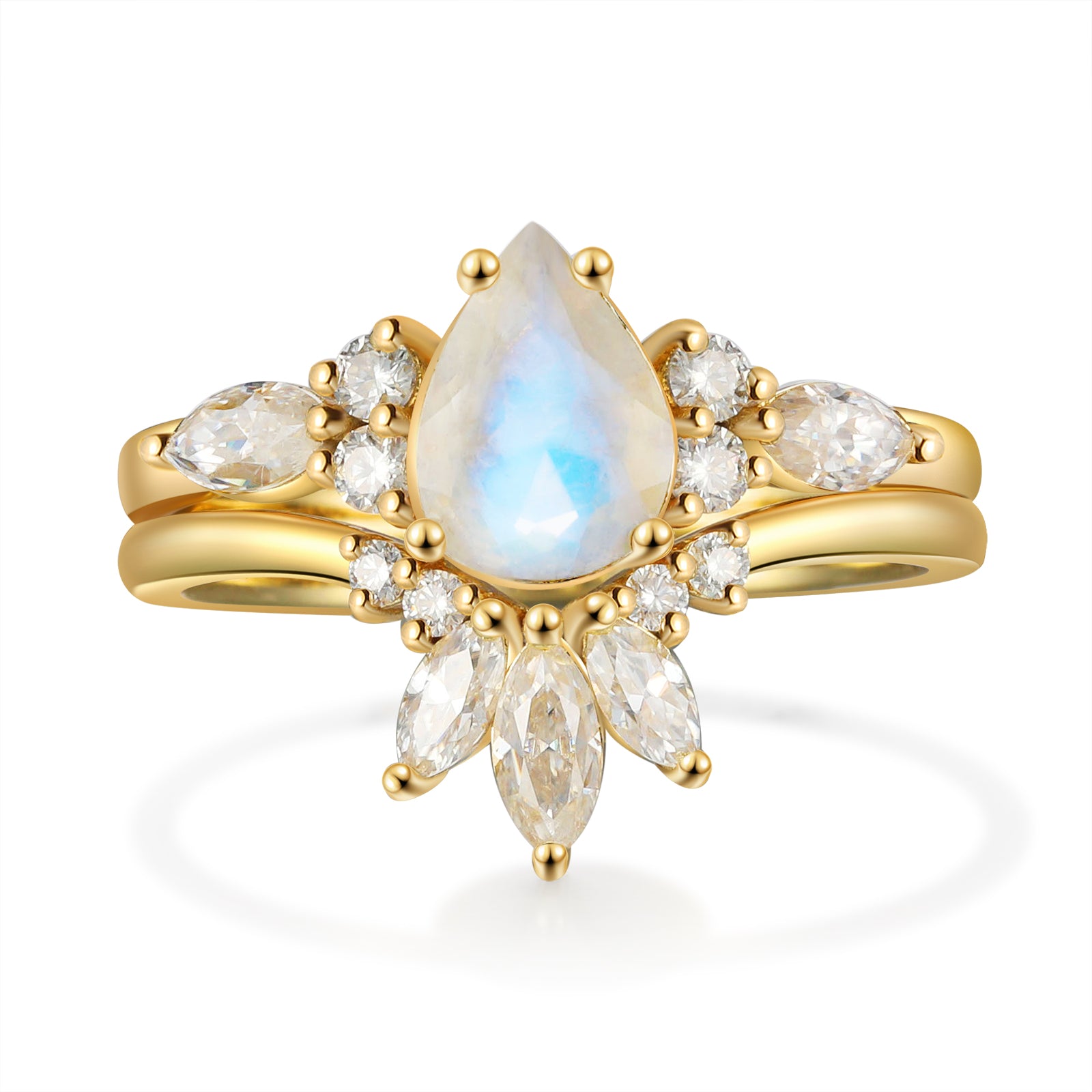 Celena Moonstone Engagement Ring Set Pear Cut 18K Gold Vintage Bridal Ring Gemstone Ring Moonstone Ring