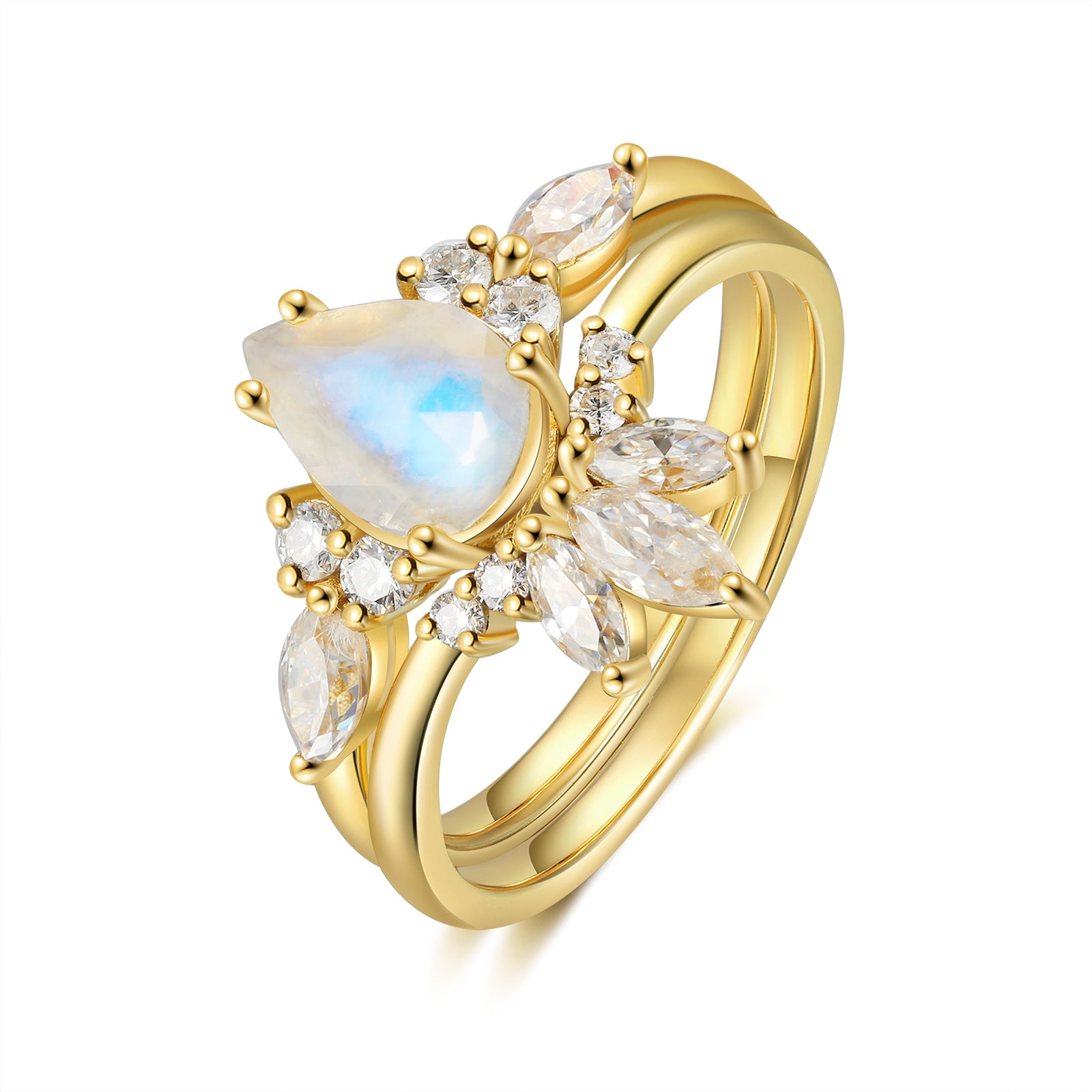 Celena Moonstone Engagement Ring Set Pear Cut 18K Gold Vintage Bridal Ring Gemstone Ring Moonstone Ring