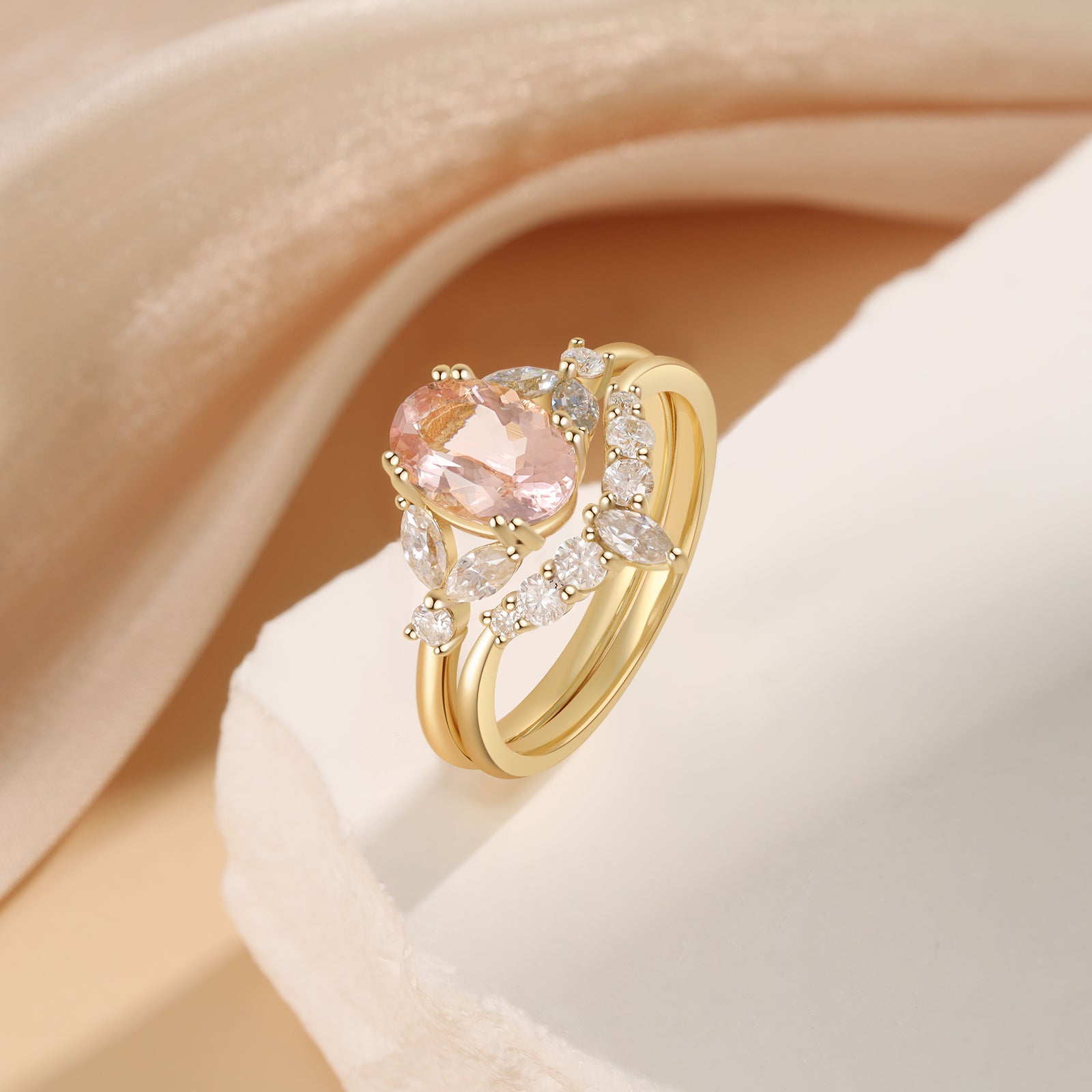 Carolina Morganite Engagement Ring Set Oval Cut 14K 18K Gold Vintage Bridal Ring Gemstone Ring Morganite Ring