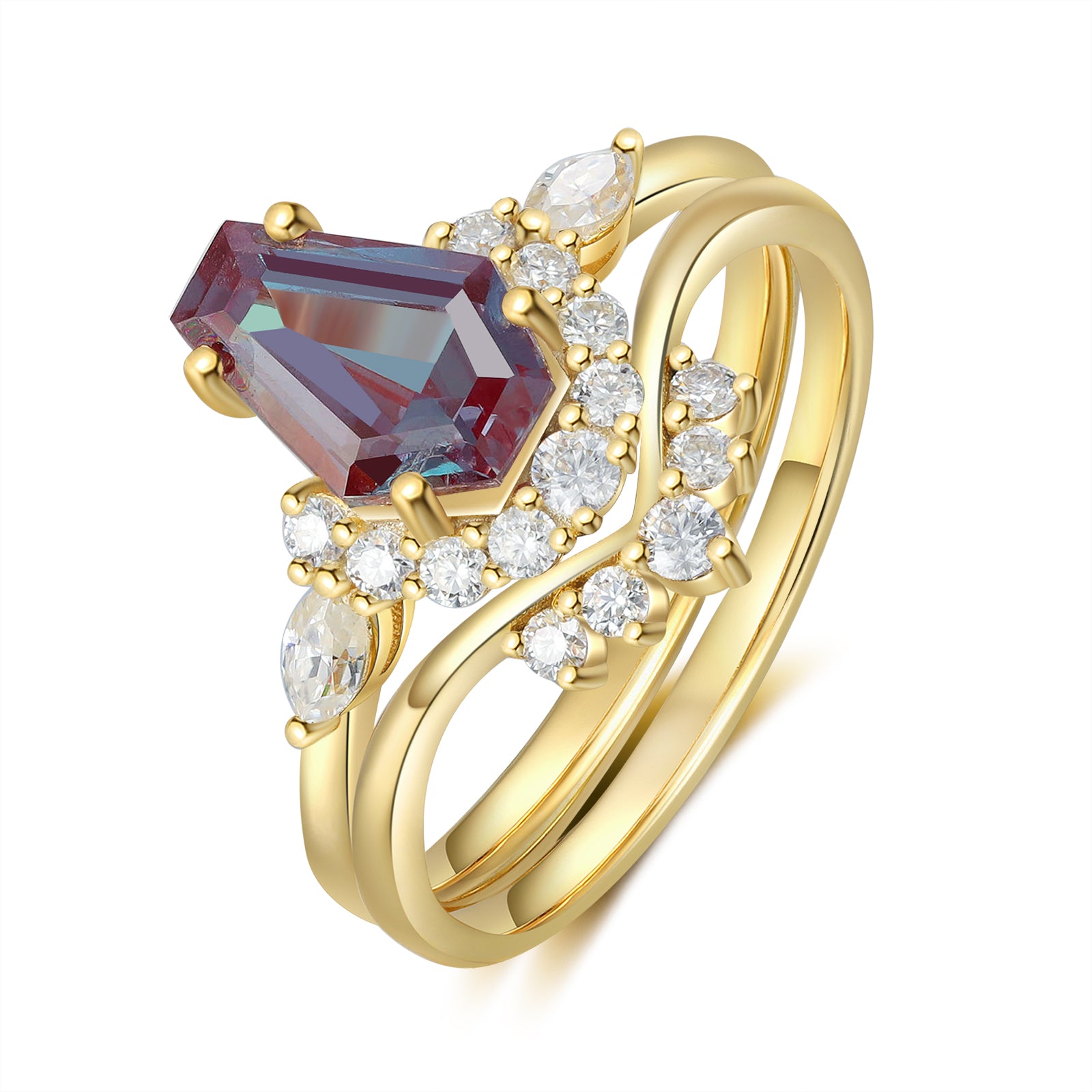 Alexandrite Engagement Ring Set Coffin Cut 18K Gold Ring Vintage Gemstone Ring Unique Alexandrite Ring