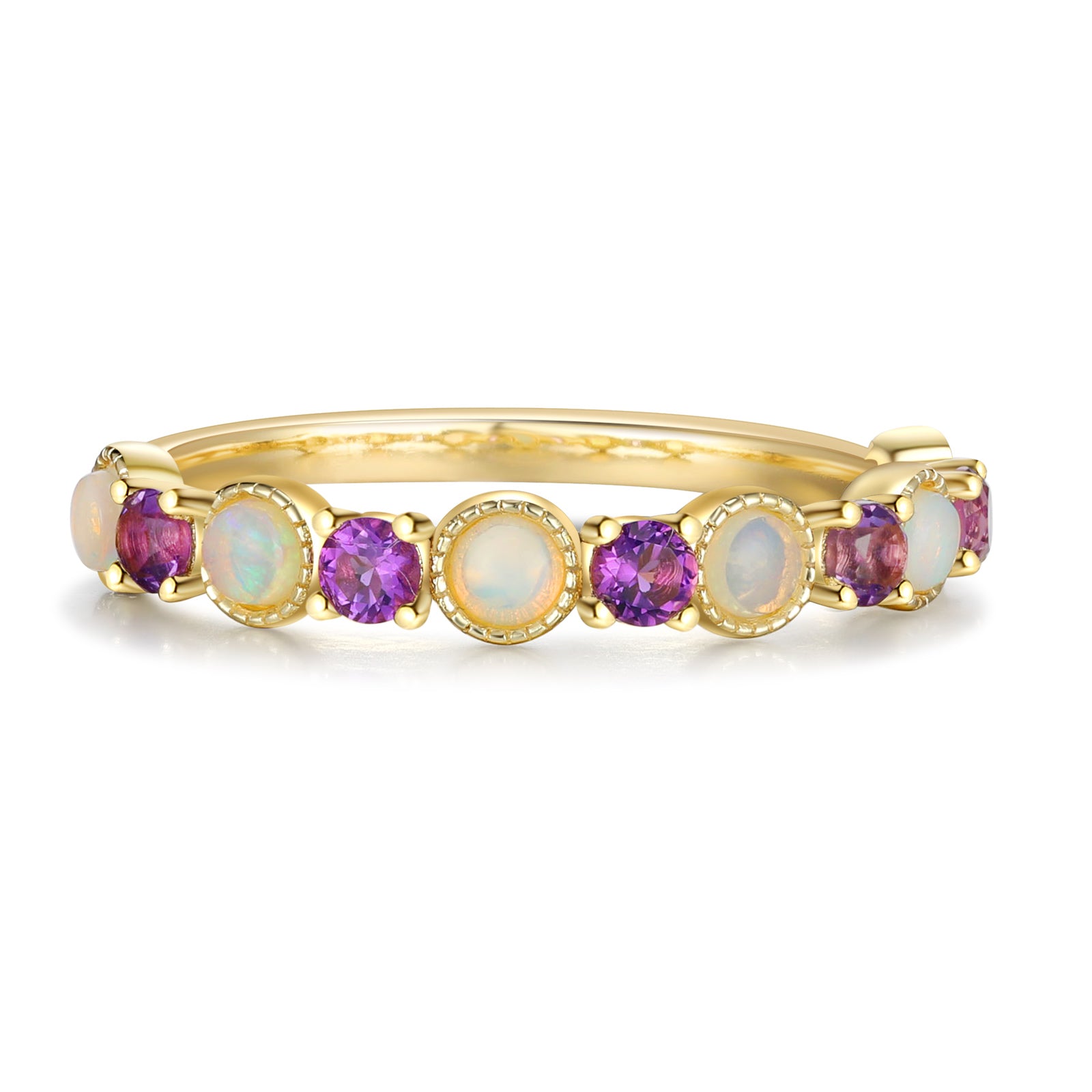 Anastasia Opal and Amethyst Wedding Band Round Cut 18K Gold Vintage Gemstone Ring Wedding Ring Opal Ring