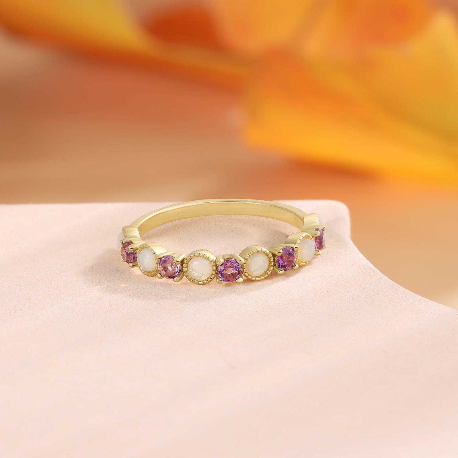 Anastasia Opal and Amethyst Wedding Band Round Cut 18K Gold Vintage Gemstone Ring Wedding Ring Opal Ring