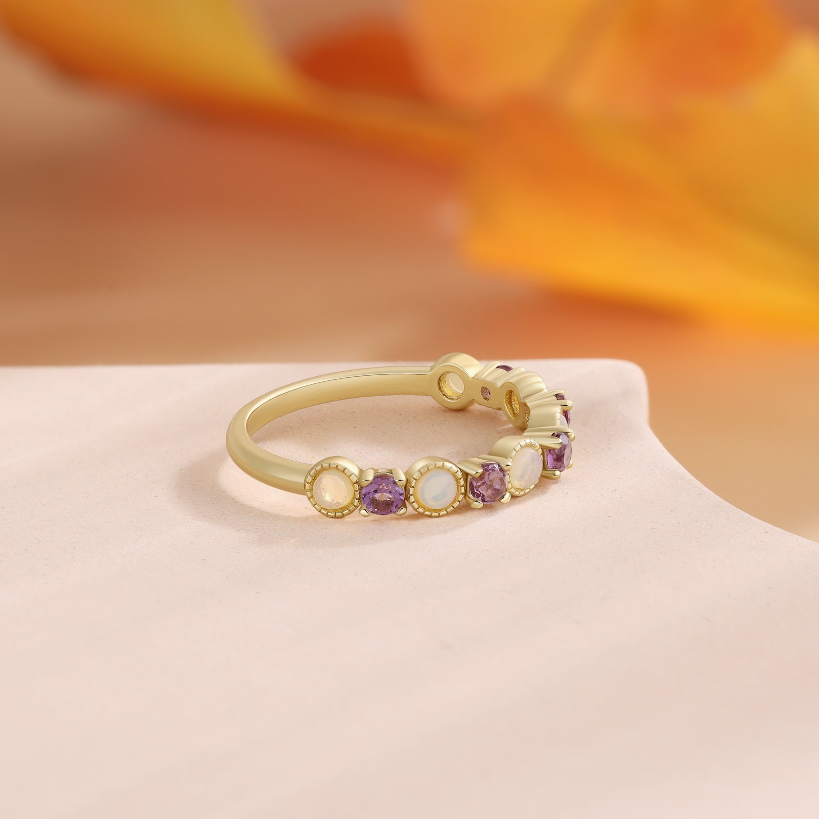 Anastasia Opal and Amethyst Wedding Band Round Cut 18K Gold Vintage Gemstone Ring Wedding Ring Opal Ring