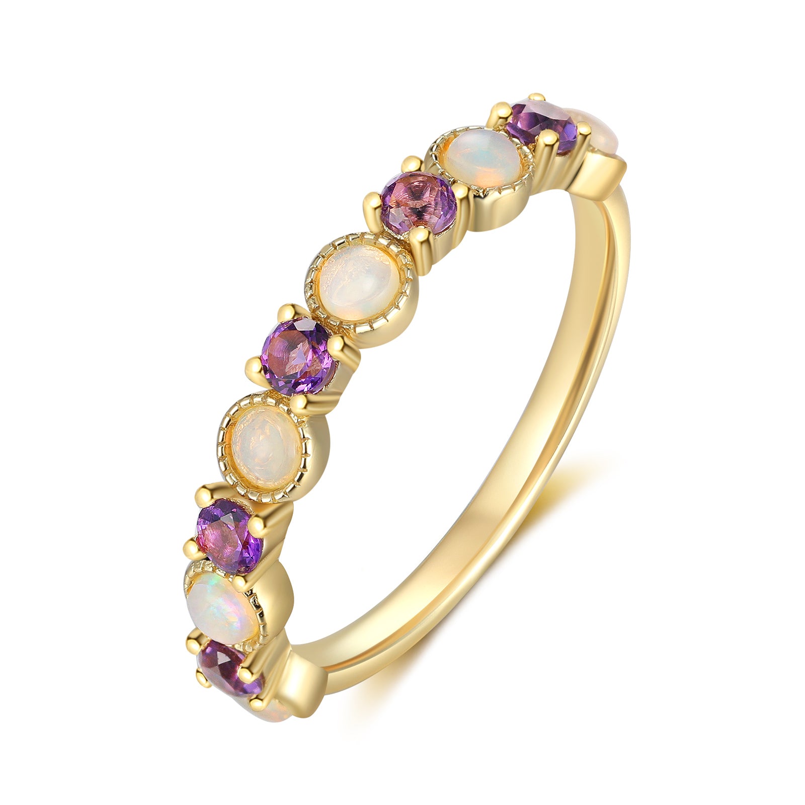 Anastasia Opal and Amethyst Wedding Band Round Cut 18K Gold Vintage Gemstone Ring Wedding Ring Opal Ring