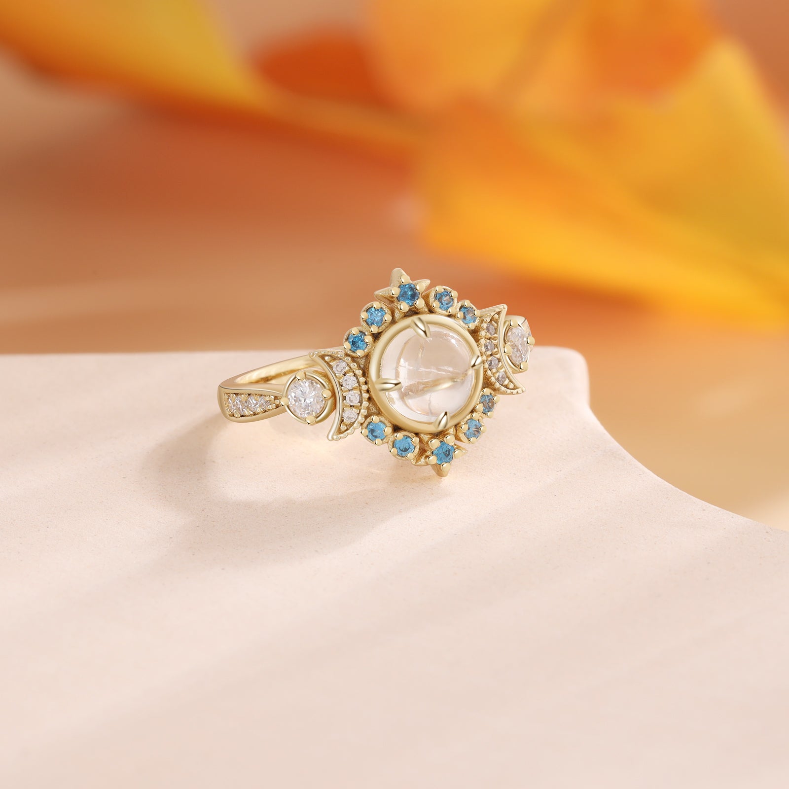 Juno Moonstone Engagement Ring Round Cut 18K Gold Stars and Moon Vintage Gemstone Ring Moonstone Ring