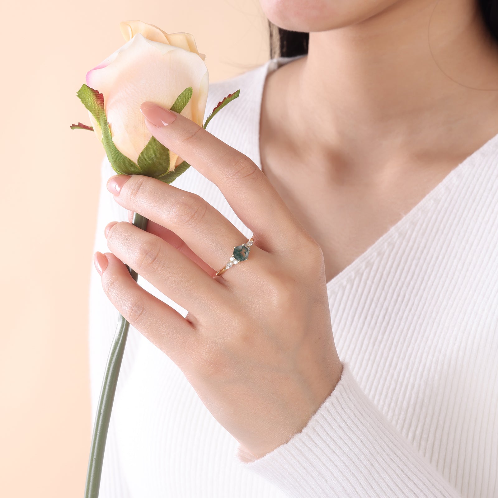 Blake Moss Agate Ring Hexagon Cut 925 Sterling Silver Gold Plated Promise Ring Vintage Gemstone Ring