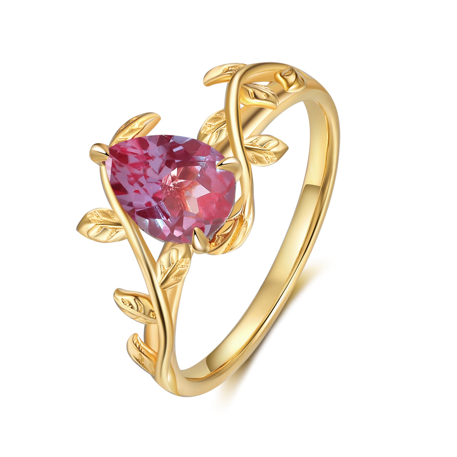 Athena Alexandrite Ring Pear Cut 925 Sterling Silver Gold Plated Leaf Nature Inspired Ring