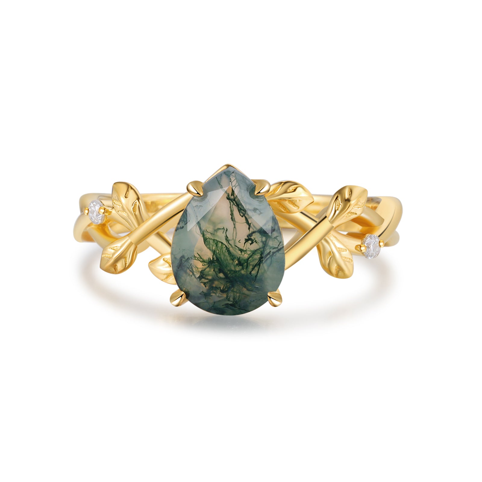 Janet Moss Agate Ring Pear Cut 925 Sterling Silver Gold Plated Leaf Nature Inspired Ring