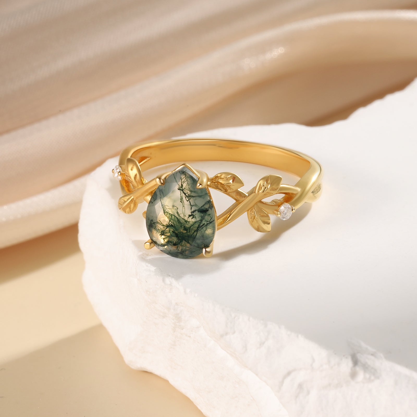 Janet Moss Agate Ring Pear Cut 925 Sterling Silver Gold Plated Leaf Nature Inspired Ring