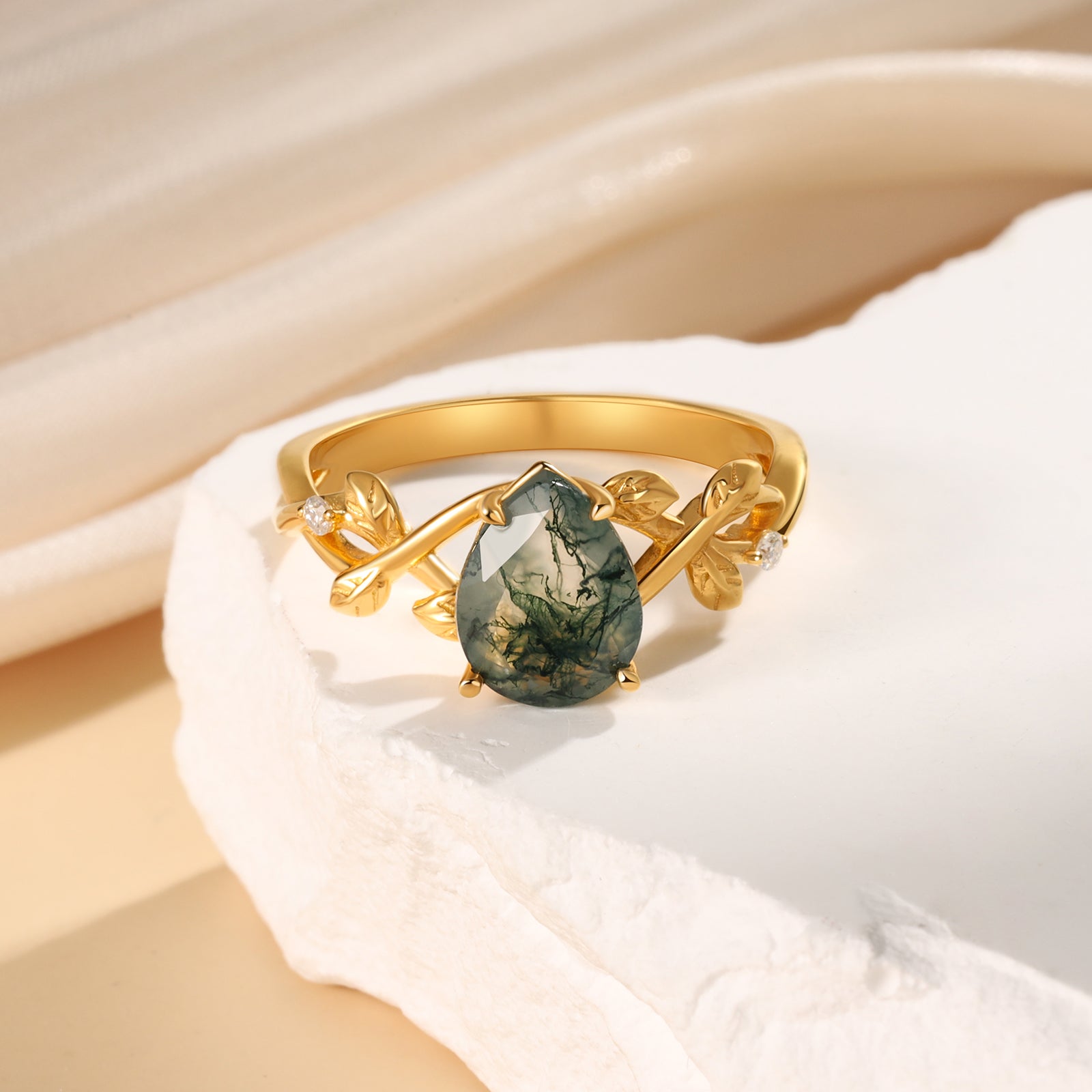 Janet Moss Agate Ring Pear Cut 925 Sterling Silver Gold Plated Leaf Nature Inspired Ring