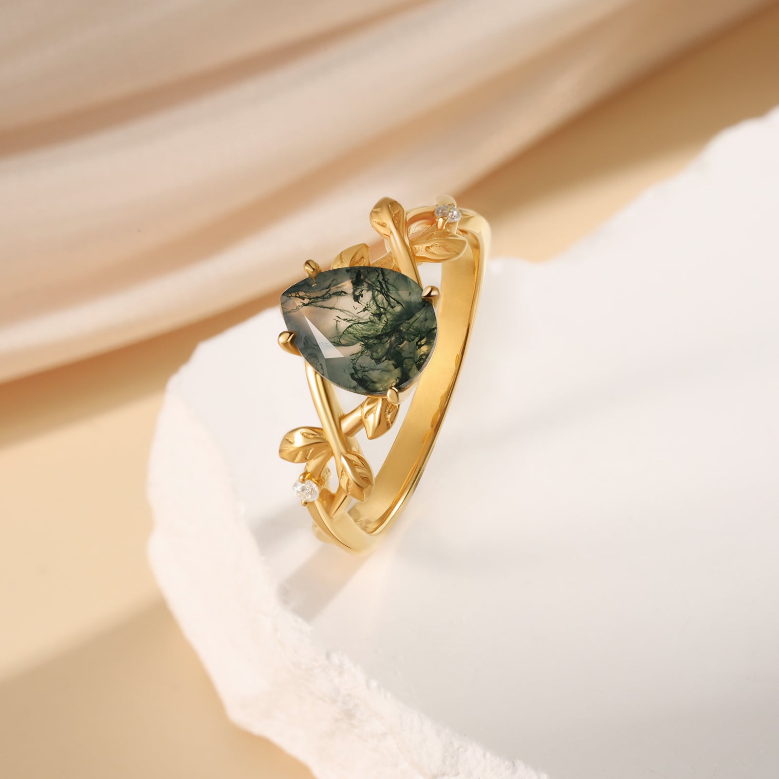 Janet Moss Agate Ring Pear Cut 925 Sterling Silver Gold Plated Leaf Nature Inspired Ring