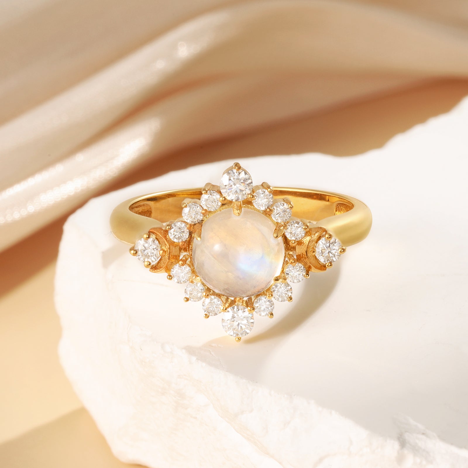 Scarlett Moonstone Ring Round Cut Sterling Silver Gold Plated Gemstone Ring