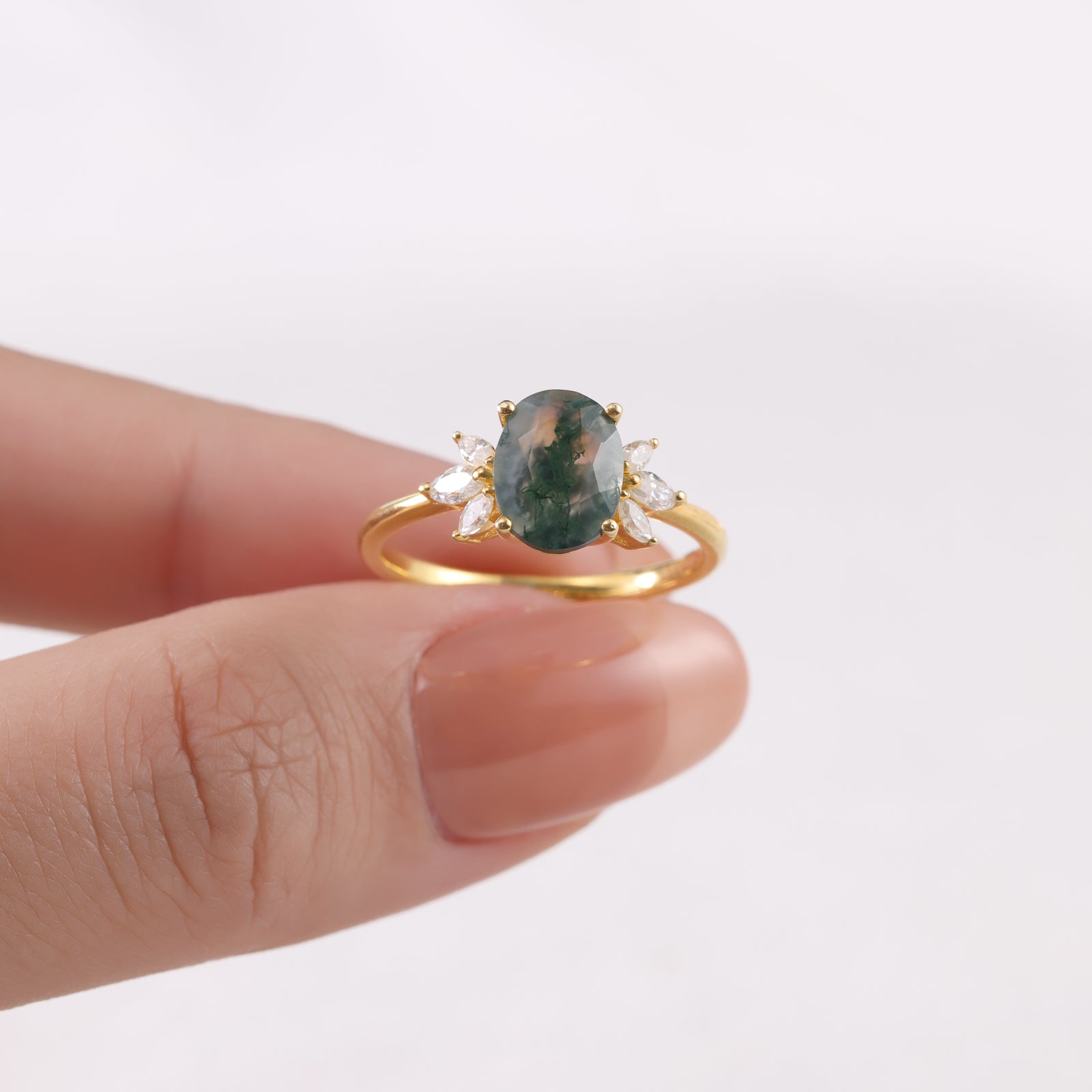 Blair Moss Agate Engagement Ring Oval Cut 925 Sterling Silver Gold Plated Nature Inspired Gemstone Ring