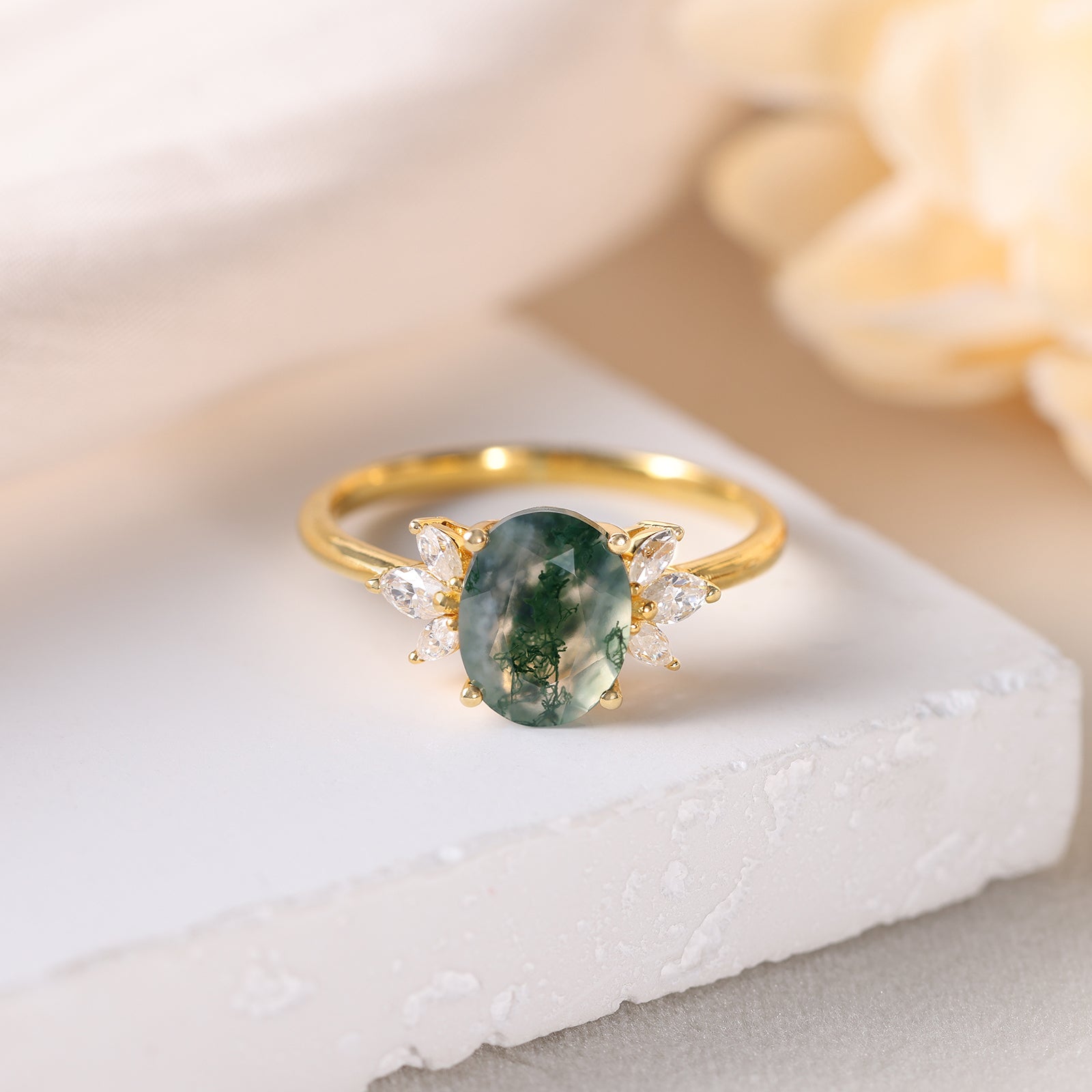 Blair Moss Agate Engagement Ring Oval Cut 925 Sterling Silver Gold Plated Nature Inspired Gemstone Ring