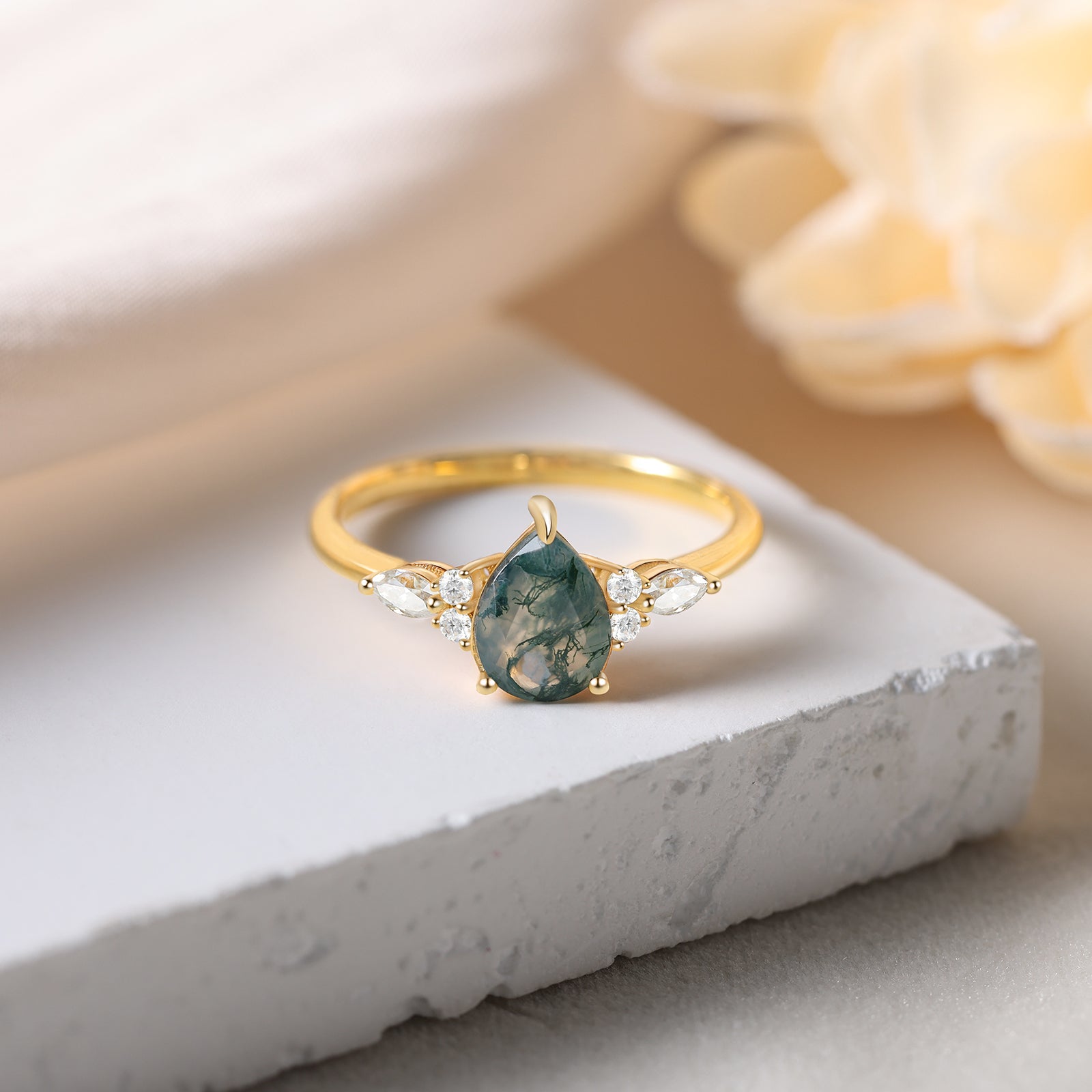 Dahlia Moss Agate Ring Pear Cut 925 Sterling Silver Gold Plated Gemstone Ring