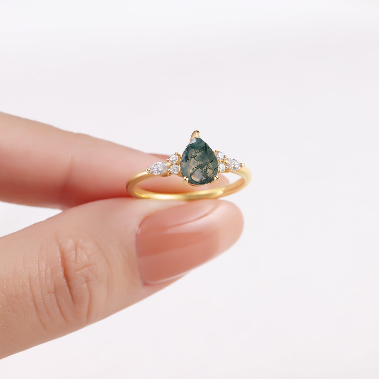 Dahlia Moss Agate Ring Pear Cut 925 Sterling Silver Gold Plated Gemstone Ring