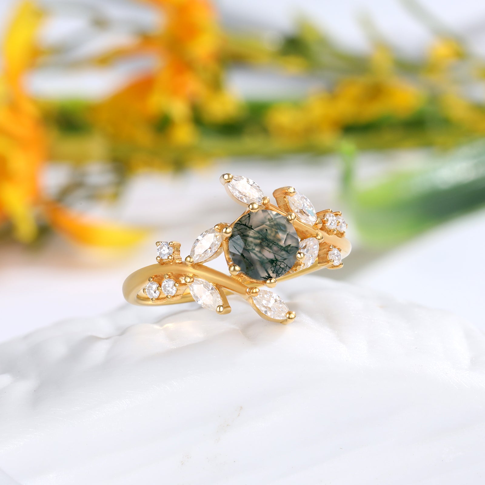 Penelope Moss Agate Engagement Ring Round Cut 18K Gold Leaf Ring Nature Inspired Ring Vintage Gemstone Ring