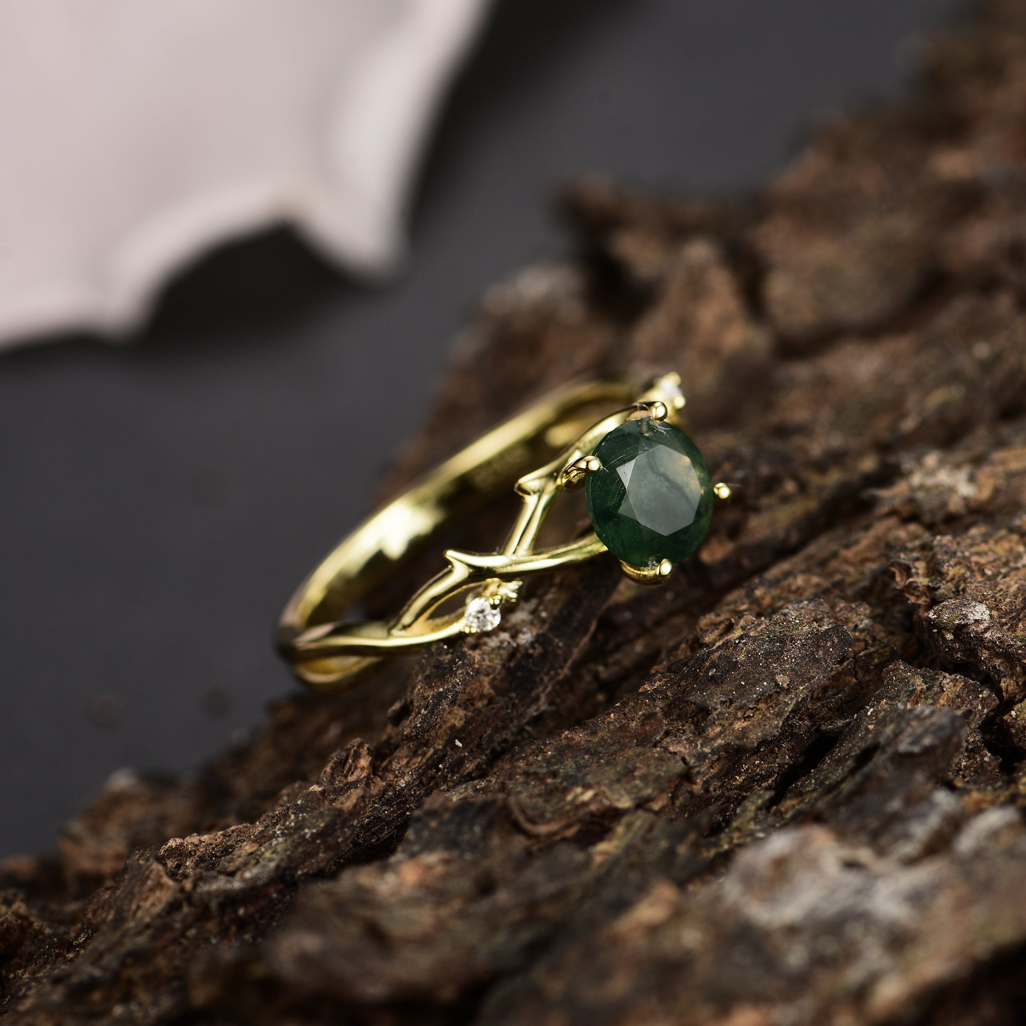 Elain Moss Agate Ring Pear Round 925 Sterling Silver Gold Plated Vine Gemstone Ring
