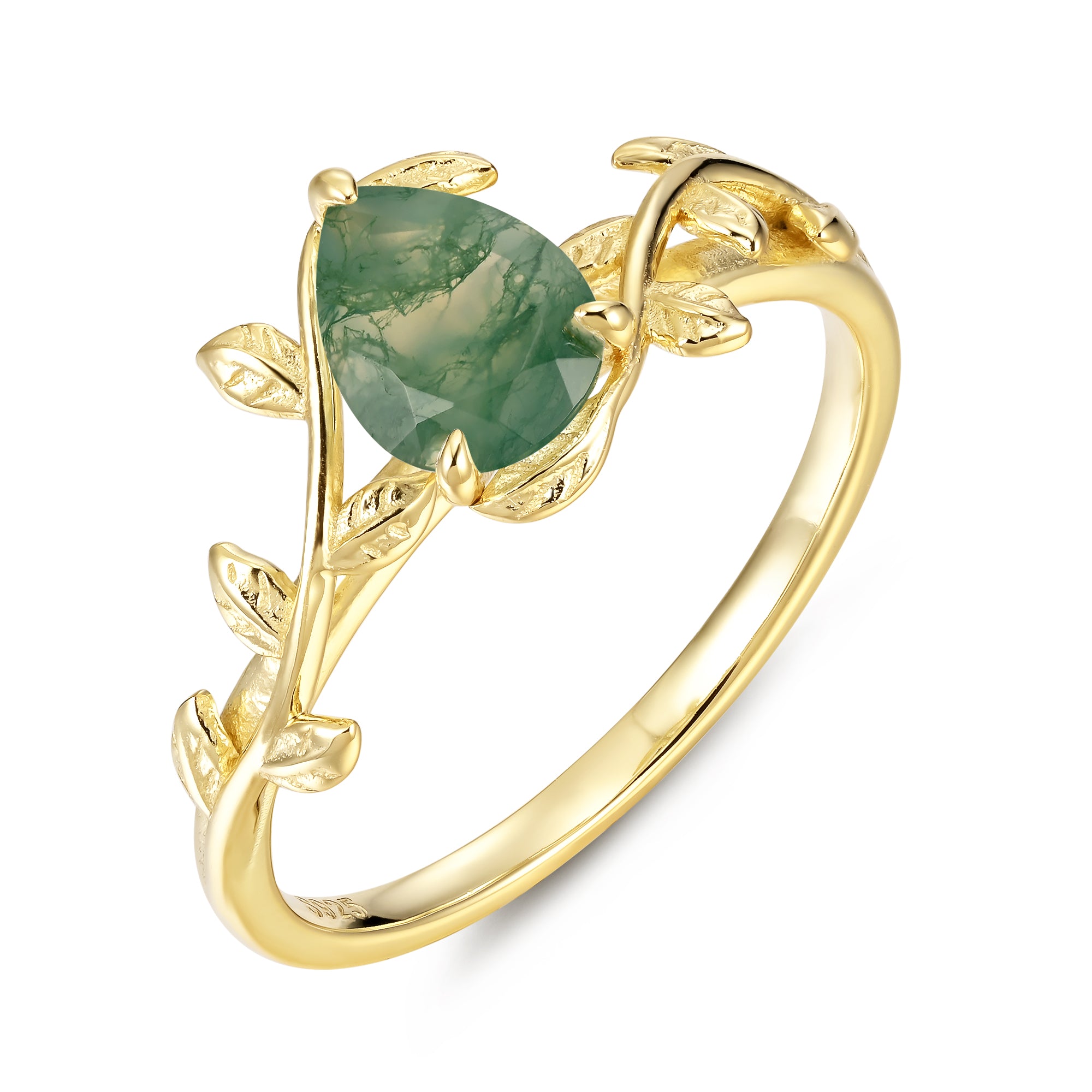 Athena Moss Agate Ring Pear Cut 925 Sterling Silver Gold Plated Leaf Nature Inspired Ring