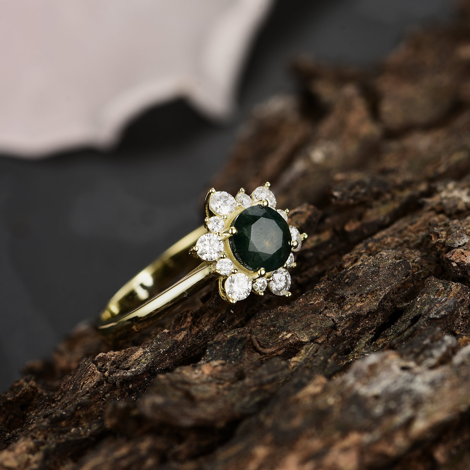 Rosie Moss Agate Ring Round Cut 925 Sterling Silver Gold Plated Flower Nature Inspired Ring