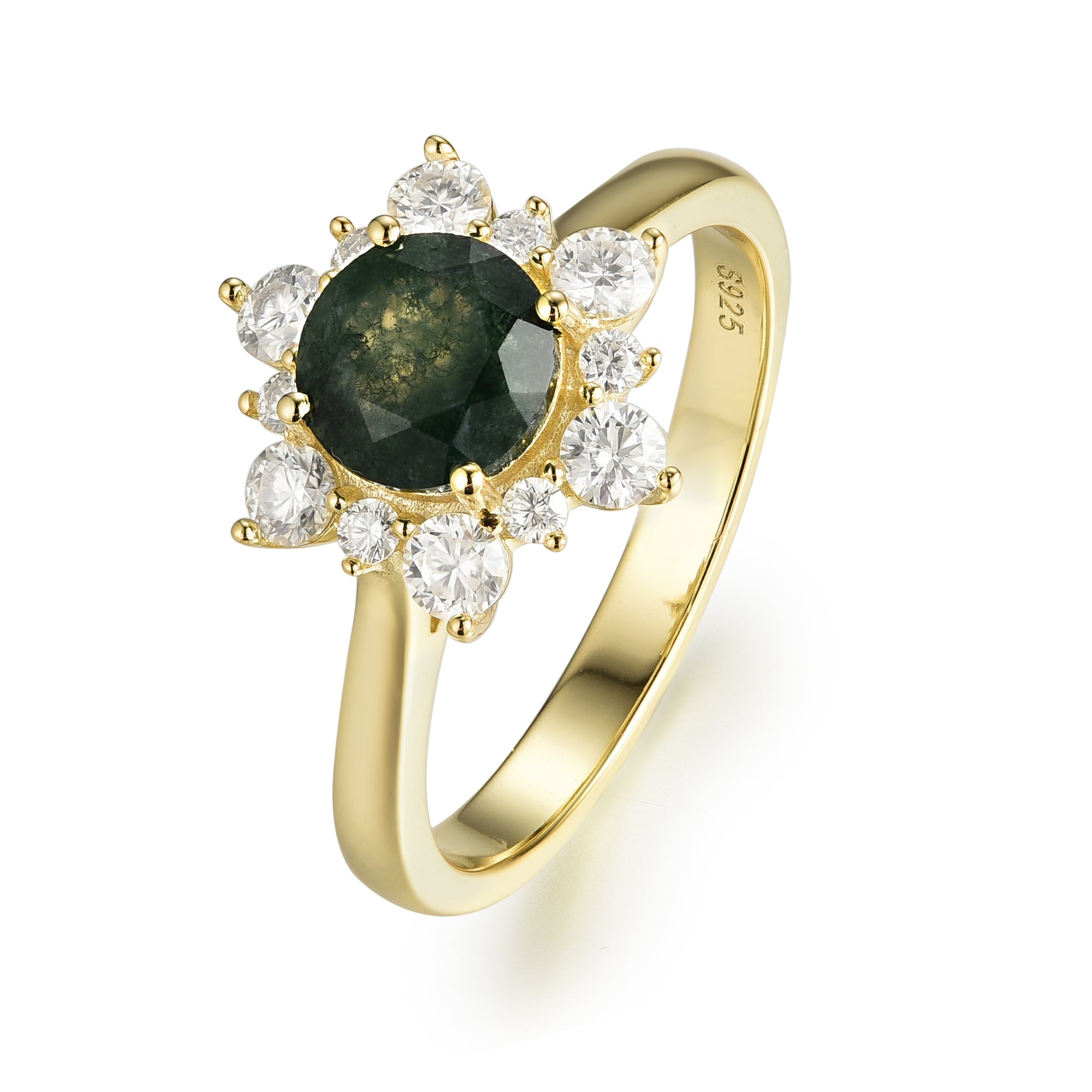 Rosie Moss Agate Ring Round Cut 925 Sterling Silver Gold Plated Flower Nature Inspired Ring