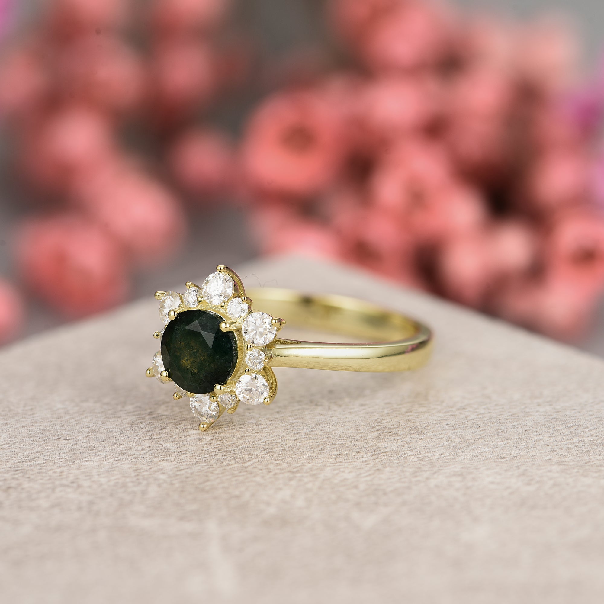 Rosie Moss Agate Ring Round Cut 925 Sterling Silver Gold Plated Flower Nature Inspired Ring