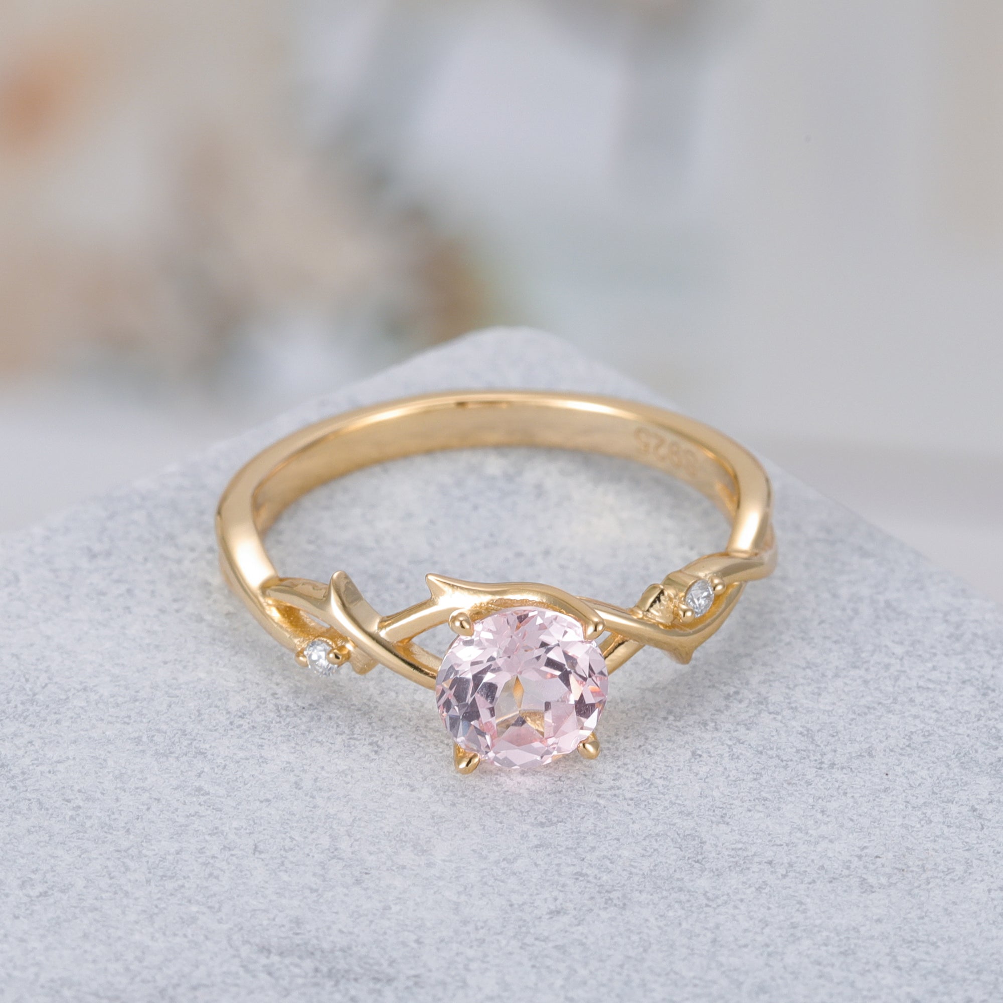 Elain Pink Sapphire Ring Round Cut Sterling Silver/Gold Plated Vine Gemstone Ring